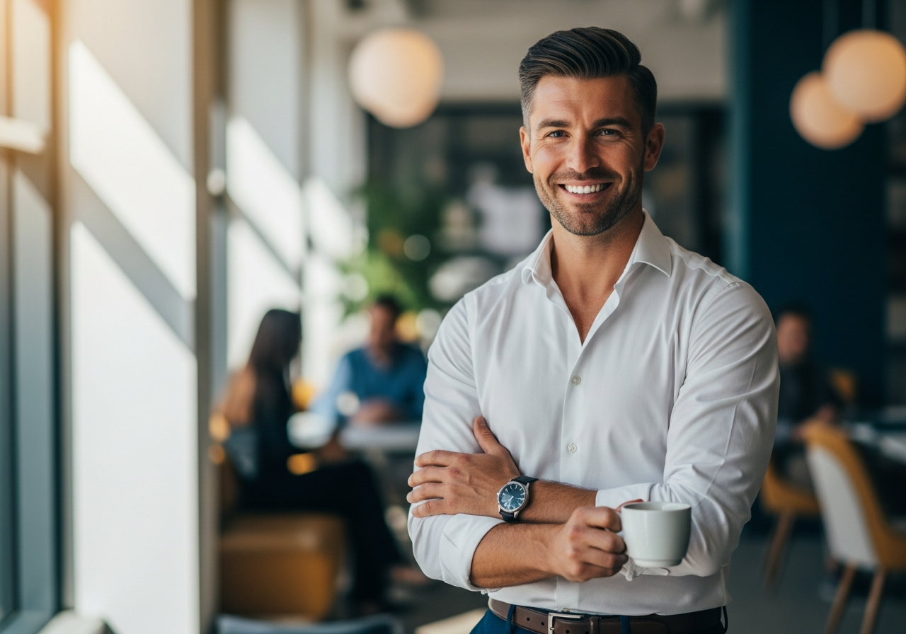 Confident professional in a relaxed social setting
