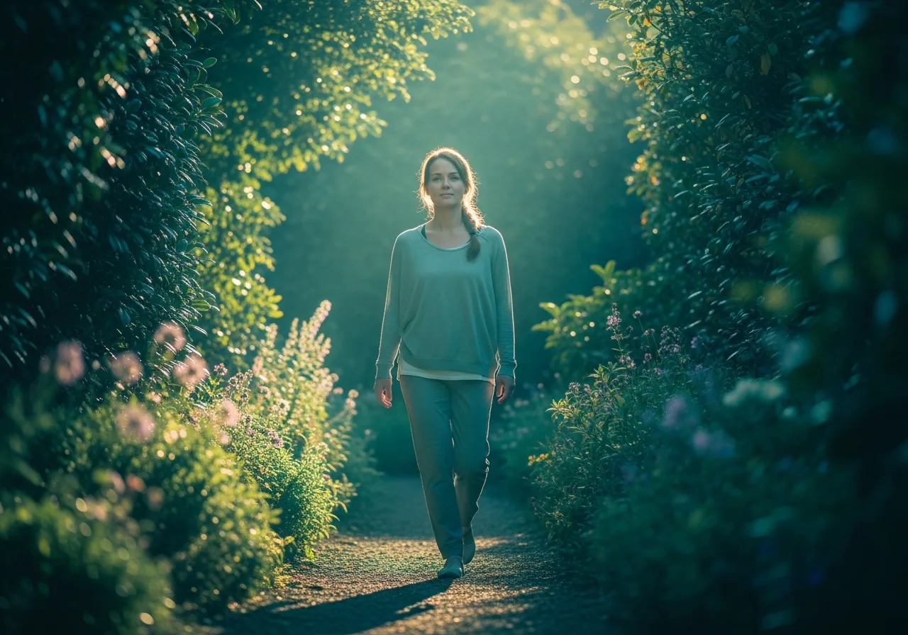 Woman walking peacefully outdoors feeling calm and grounded