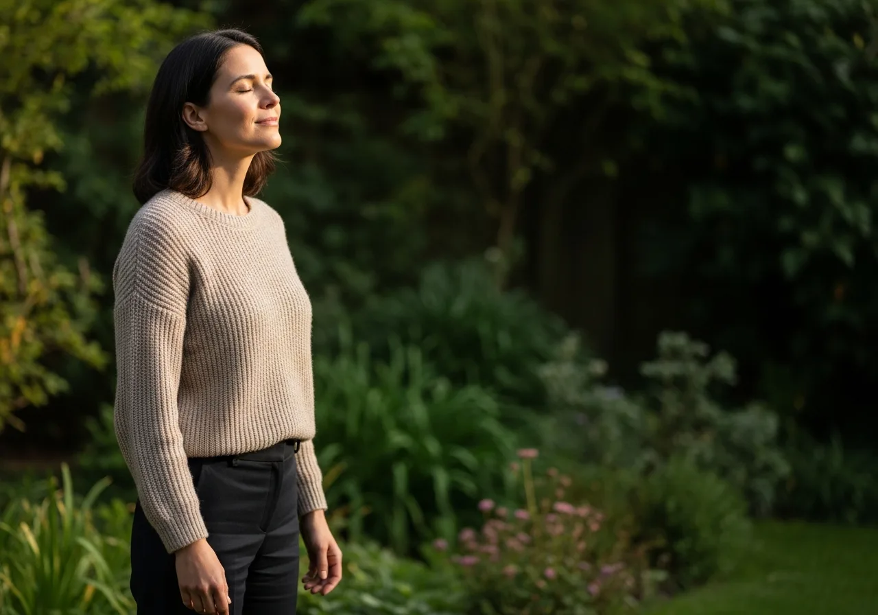 Woman outdoors taking a slow calming breath in a peaceful setting