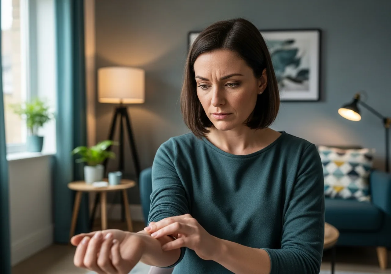 Woman at home checking her pulse with a worried expression