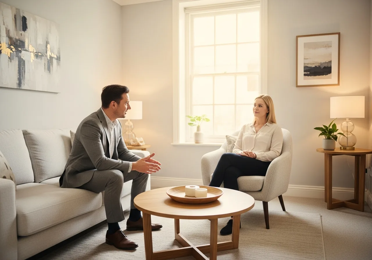 Male therapist guiding a client through a calm hypnotherapy session